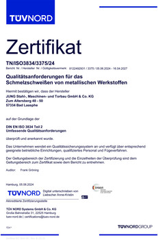 ZERTIFIKAT DIN EN ISO 3834-2 ::: Schweißbetrieb im Produktbereich von Stahlbau- und Maschinenbaukomponenten auf der Prüfgrundlage der Norm DIN EN ISO 3834-2