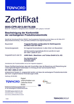 EU-ZERTIFIKAT Werkseigene Produktionskontrolle (Bauproduktenverordnung - CPR) ::: Tragende Bauteile und Bausätze für Stahltragwerke bis EXC3 nach EN 1090-2 für tragende Konstruktionen in allen Arten von Bauwerken - ZA 3.2 und ZA 3.4 nach EN 1090-1:2009+A1:2011